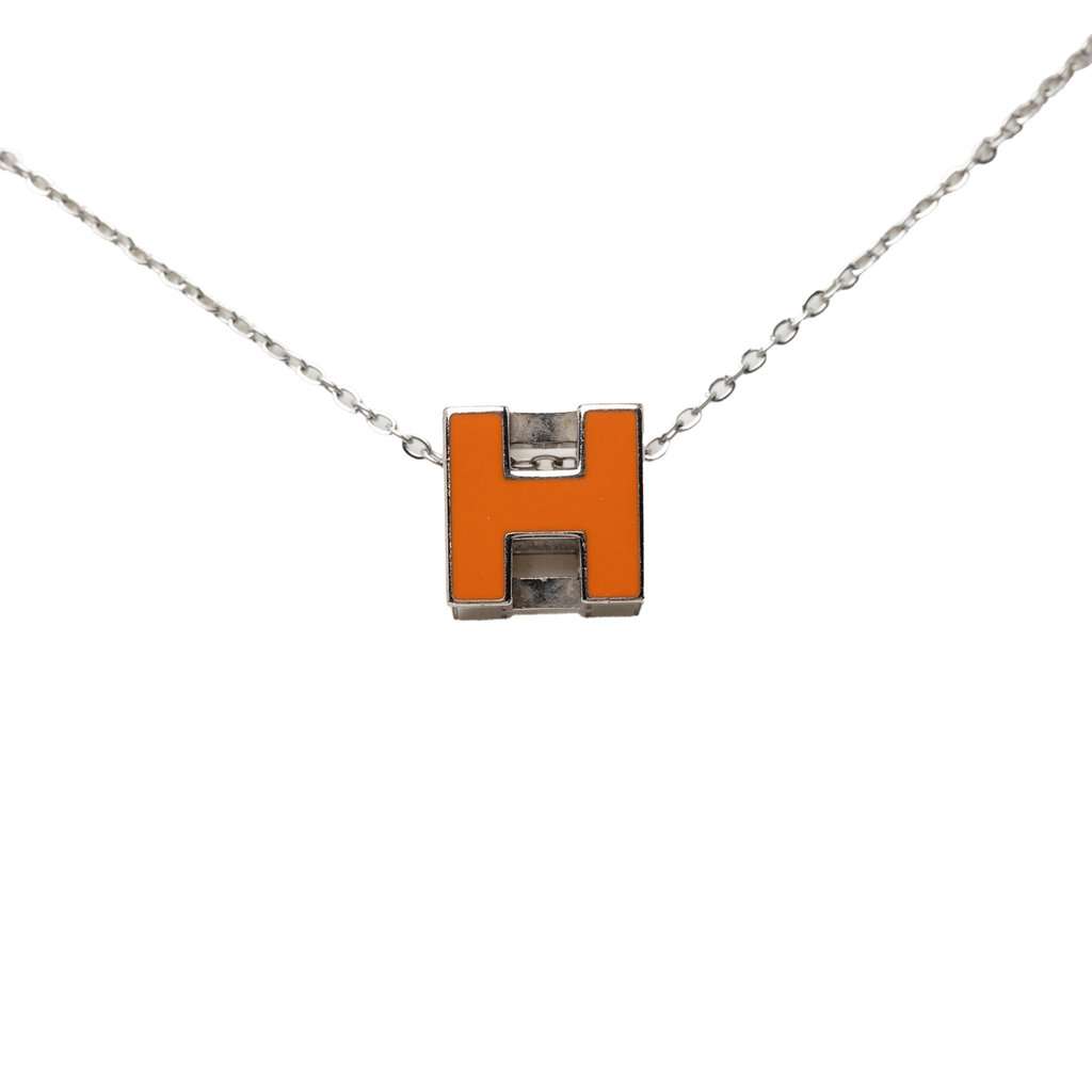 Hermès Palladium Plated Lacquered Cage D H Pendant Necklace Silver Metal Very good - Back View