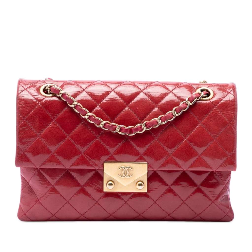 Chanel Quilted Patent Goatskin Pagoda Accordion Flap Red Leather Very good condition - Front View