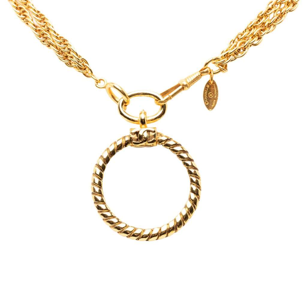 Chanel CC Gold Plated Double Chain Loupe Magnifying Glass Pendant Necklace Gold Metal Very good - Back View