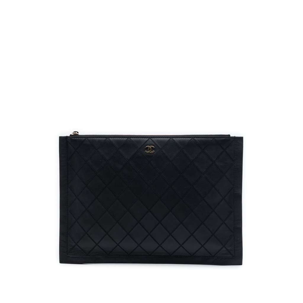 Chanel Large Quilted Stitched Calfskin Zip Pouch Black Leather Very good - Front View