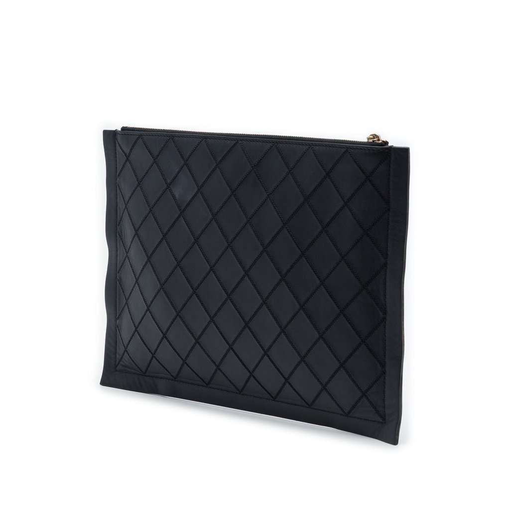 Chanel Large Quilted Stitched Calfskin Zip Pouch Black Leather Very good - Back View