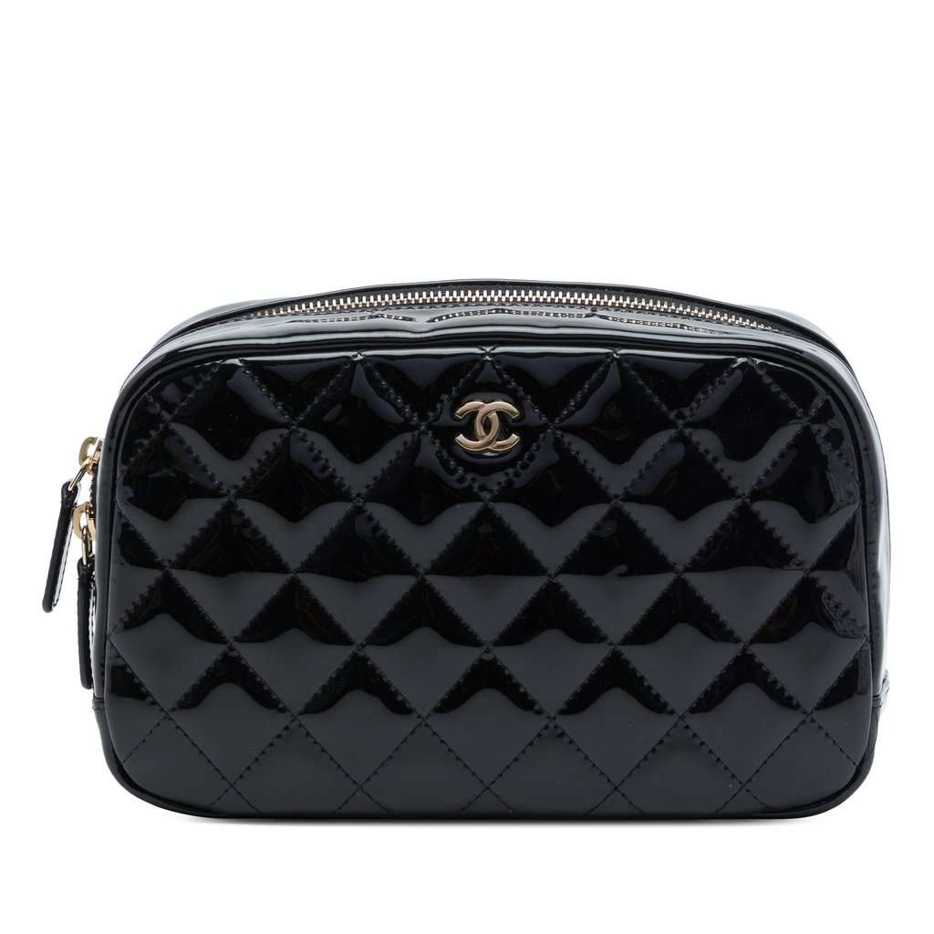 Chanel CC Quilted Patent Cosmetic Pouch Black Leather Very good - Front View