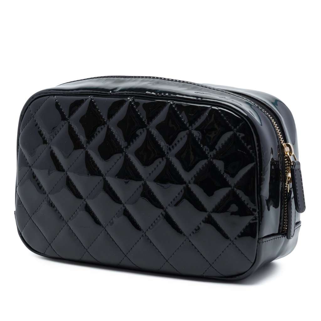 Chanel CC Quilted Patent Cosmetic Pouch Black Leather Very good - Back View