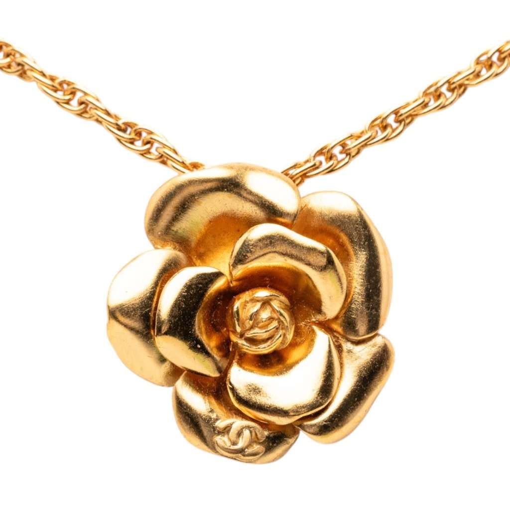 Chanel CC Gold Plated Camellia Pendant Necklace Gold Metal Very good condition - Back View