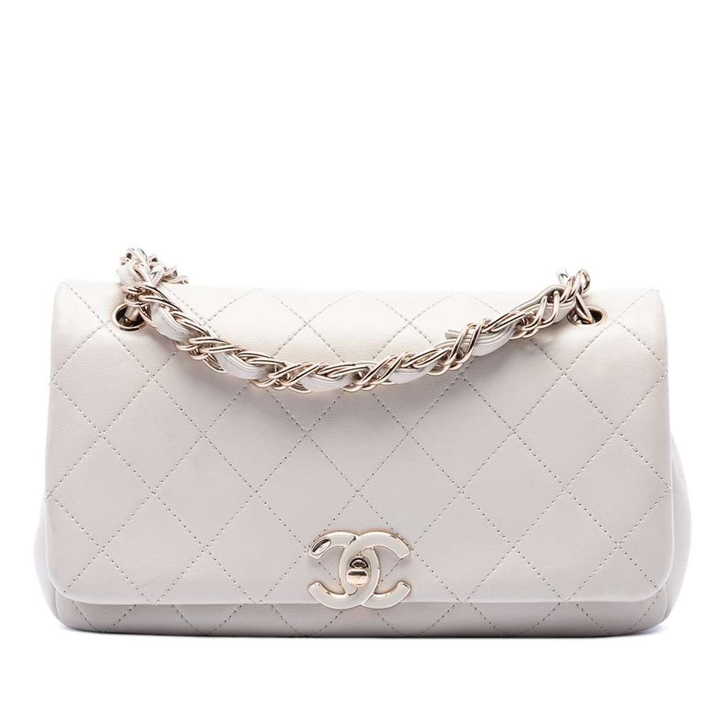 Chanel Large Quilted Lambskin Twist Chain Enamel CC Flap White Leather Very good - Front View