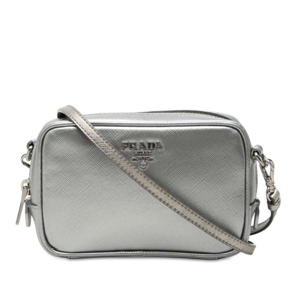 Prada Mini Metallic Saffiano Lux Camera Bag Silver Leather Very good - Front View