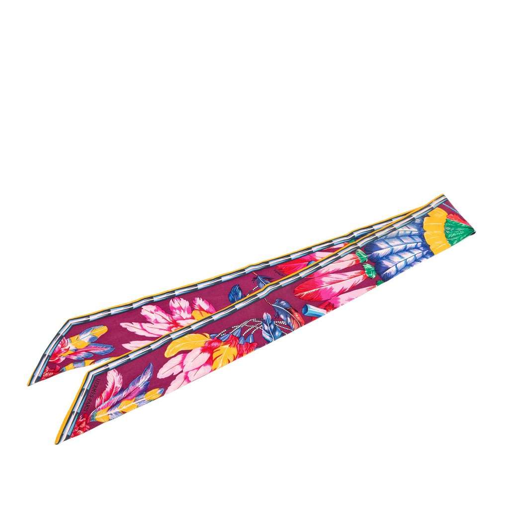 Hermès Brazil Feather Silk Twilly Scarf Purple Never worn - Front View