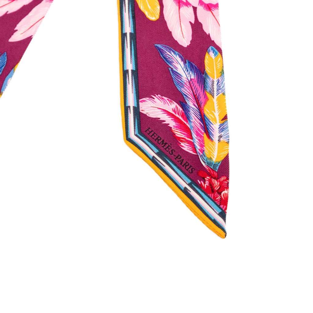 Hermès Brazil Feather Silk Twilly Scarf Purple Never worn - Back View