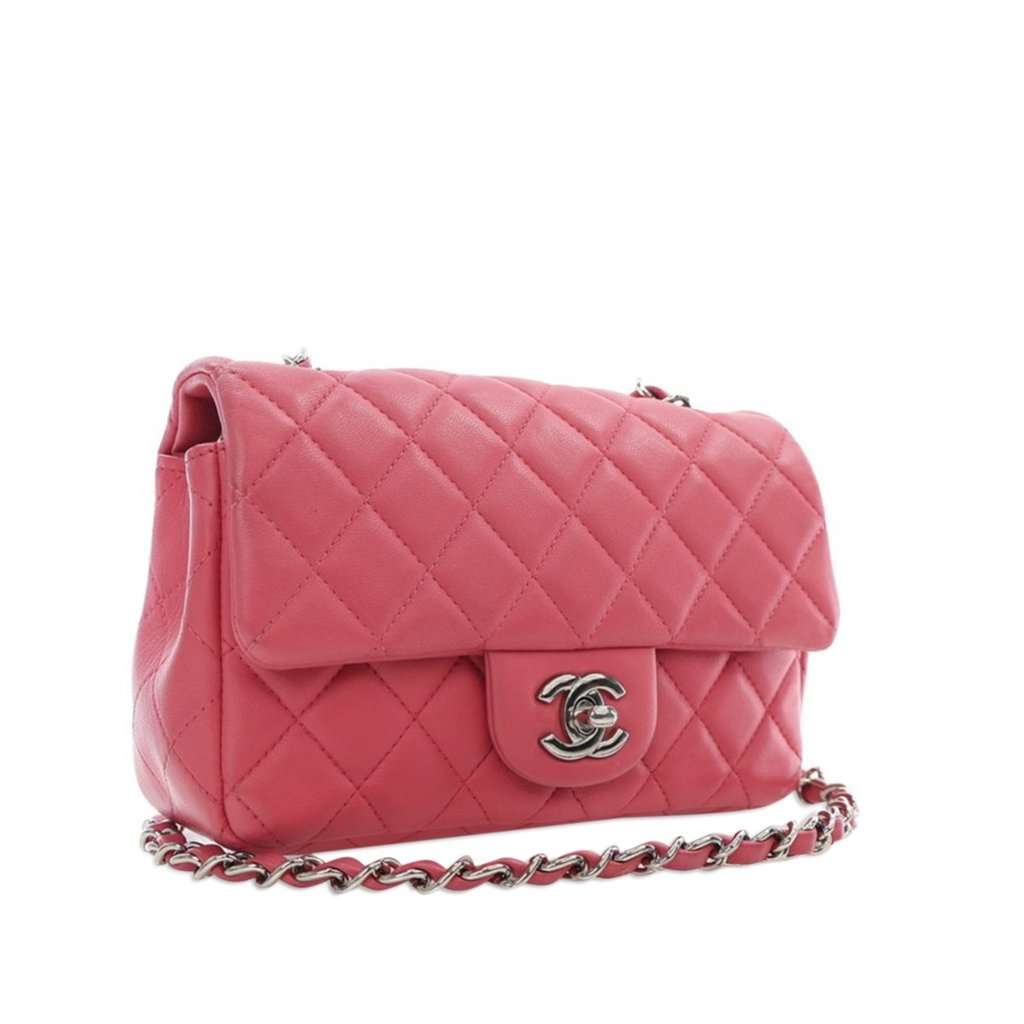 Chanel Mini Rectangular Classic Lambskin Single Flap Pink Leather Very good condition - Back View