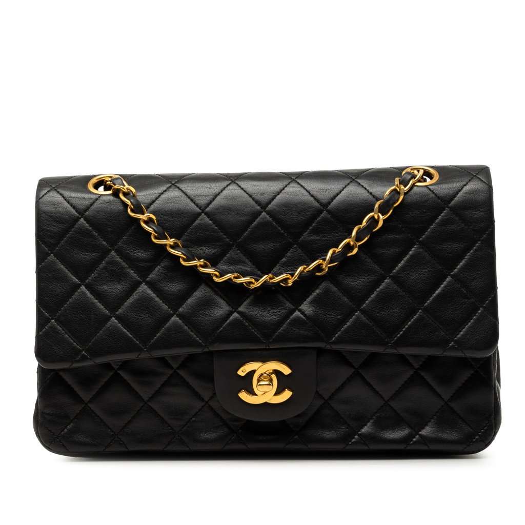 Chanel Medium Classic Lambskin Double Flap Black Leather Very good - Front View