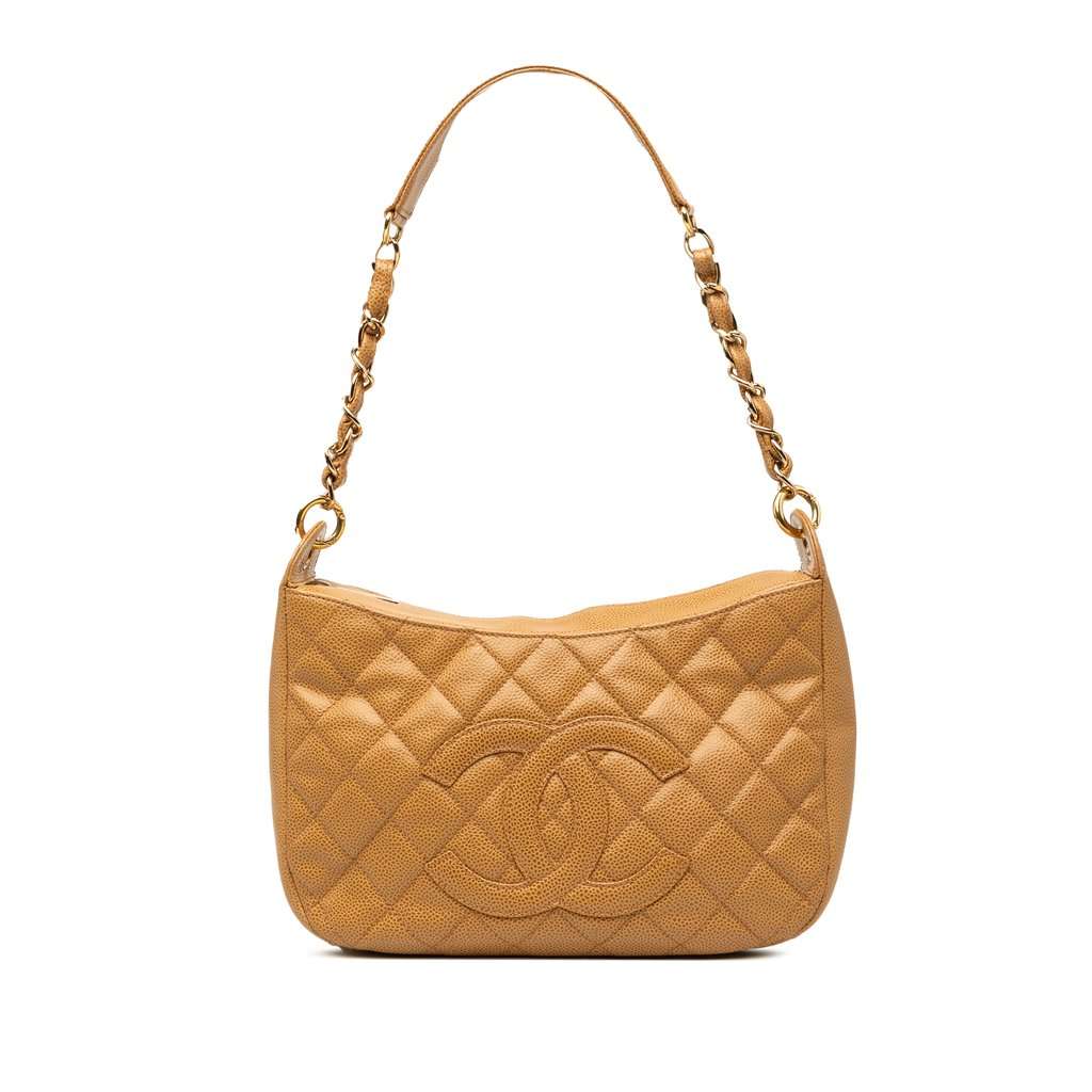 Chanel CC Quilted Caviar Timeless Shoulder Bag Beige Leather Very good condition - Front View