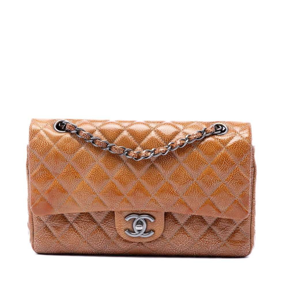 Chanel Medium Classic Crinkled Patent Double Flap Brown Leather Very good condition - Front View