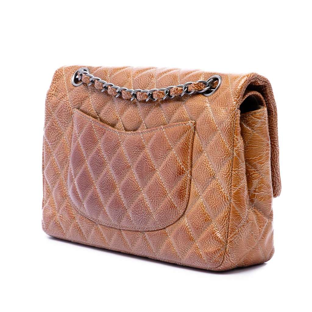 Chanel Medium Classic Crinkled Patent Double Flap Brown Leather Very good condition - Back View