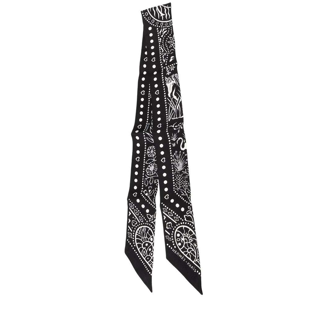 Hermès Peuple du Vent Bandana Twilly Silk Scarf Black Never worn - Front View