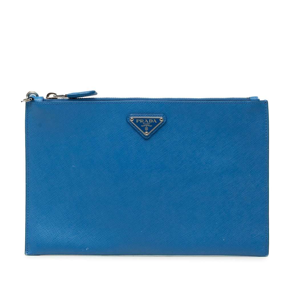 Prada Saffiano Wristlet Clutch Blue Leather Very good - Front View
