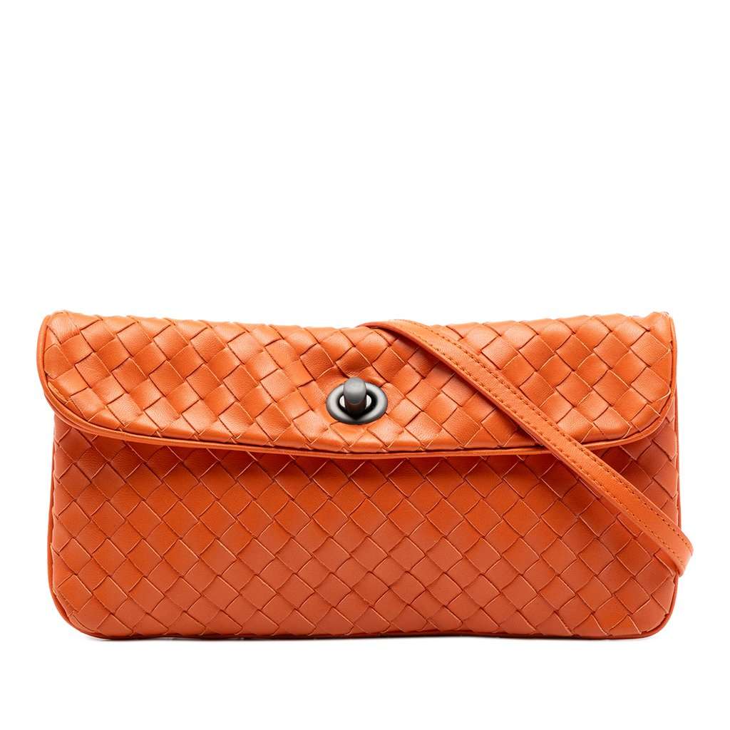 Bottega Veneta Mini Nappa Intrecciato Turn Lock Crossbody Orange Leather Very good condition - Front View