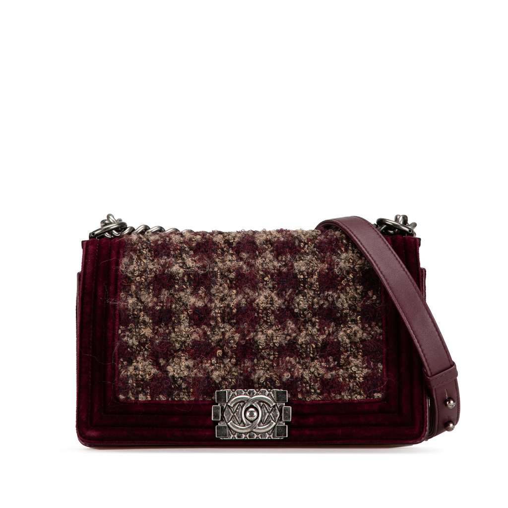 Chanel Old Medium Velvet and Tweed Boy Flap Red Very good - Front View