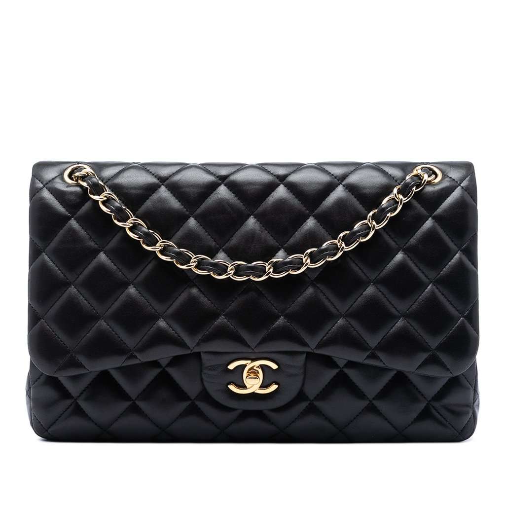 Chanel Jumbo Classic Lambskin Double Flap Black Leather Very good - Front View