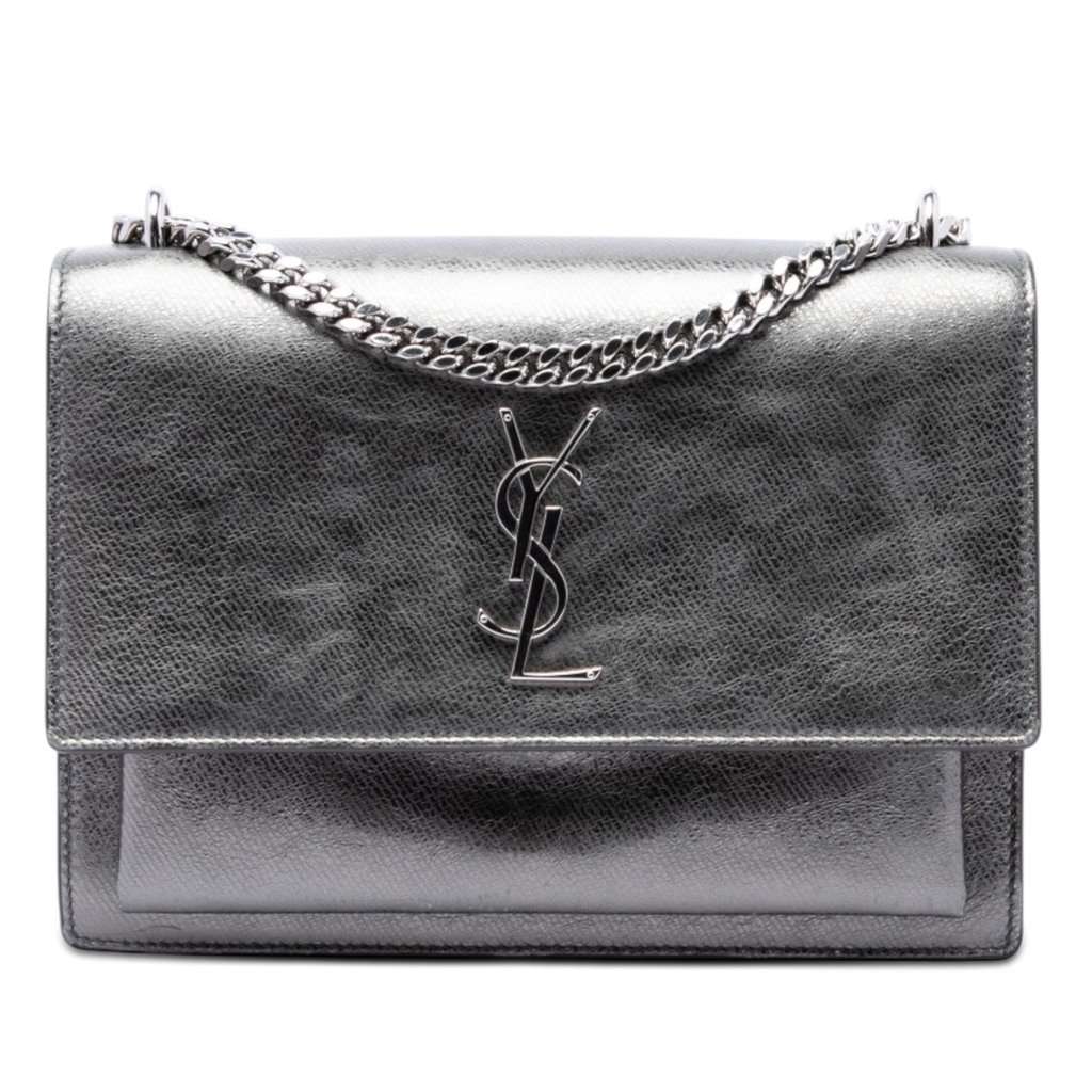Saint Laurent Medium Metallic Calfskin Monogram Sunset Crossbody Silver Leather Very good condition - Front View