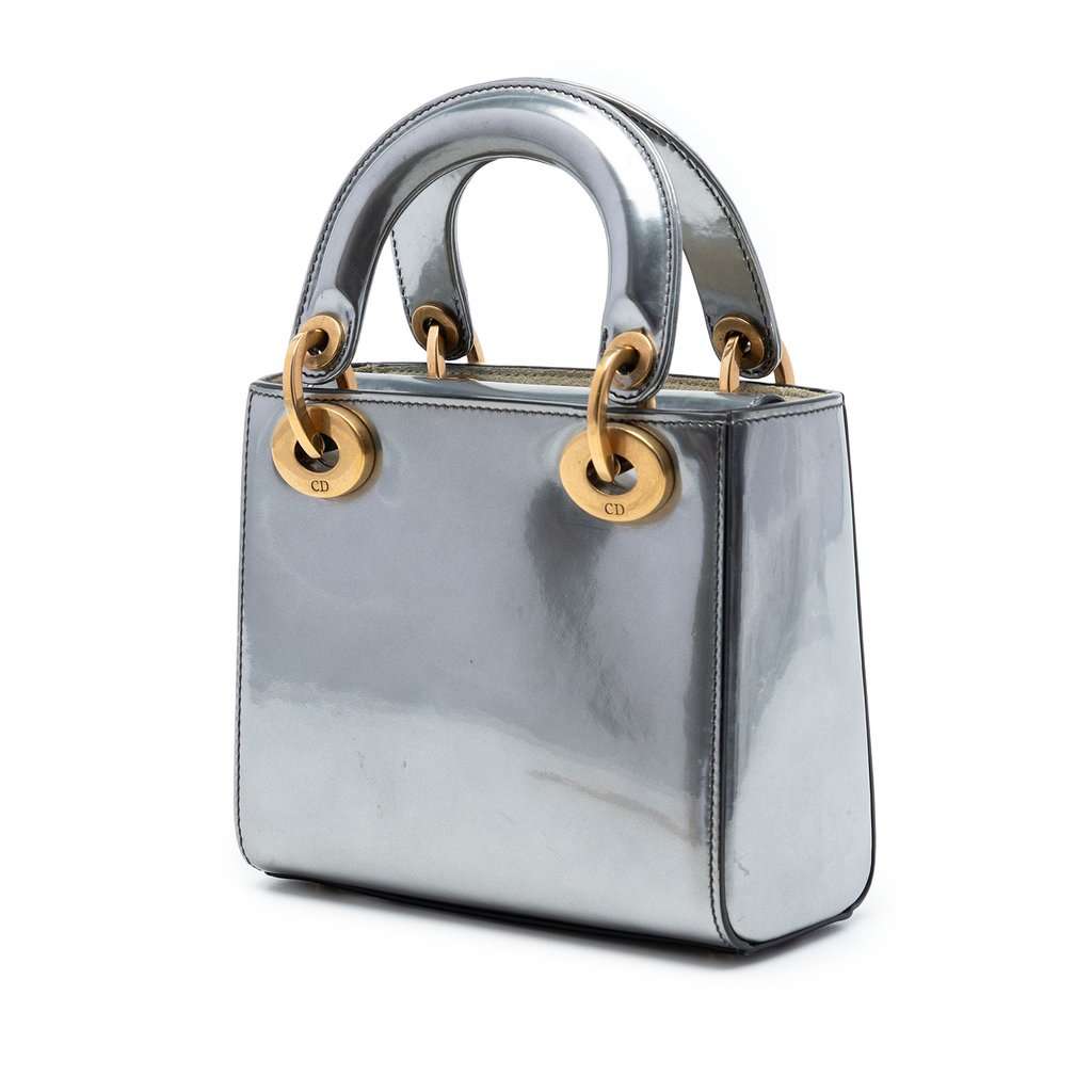 Dior Mini Metallic Patent Lady Dior Silver Leather Very good condition - Back View