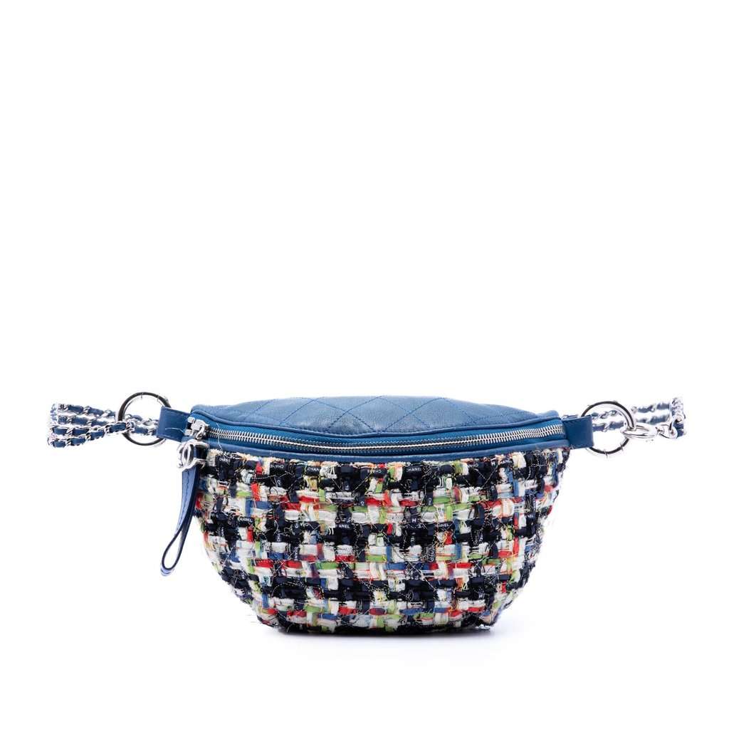 Chanel Tweed and Stitched Calfskin Convertible Waist Bag Blue Very good - Front View