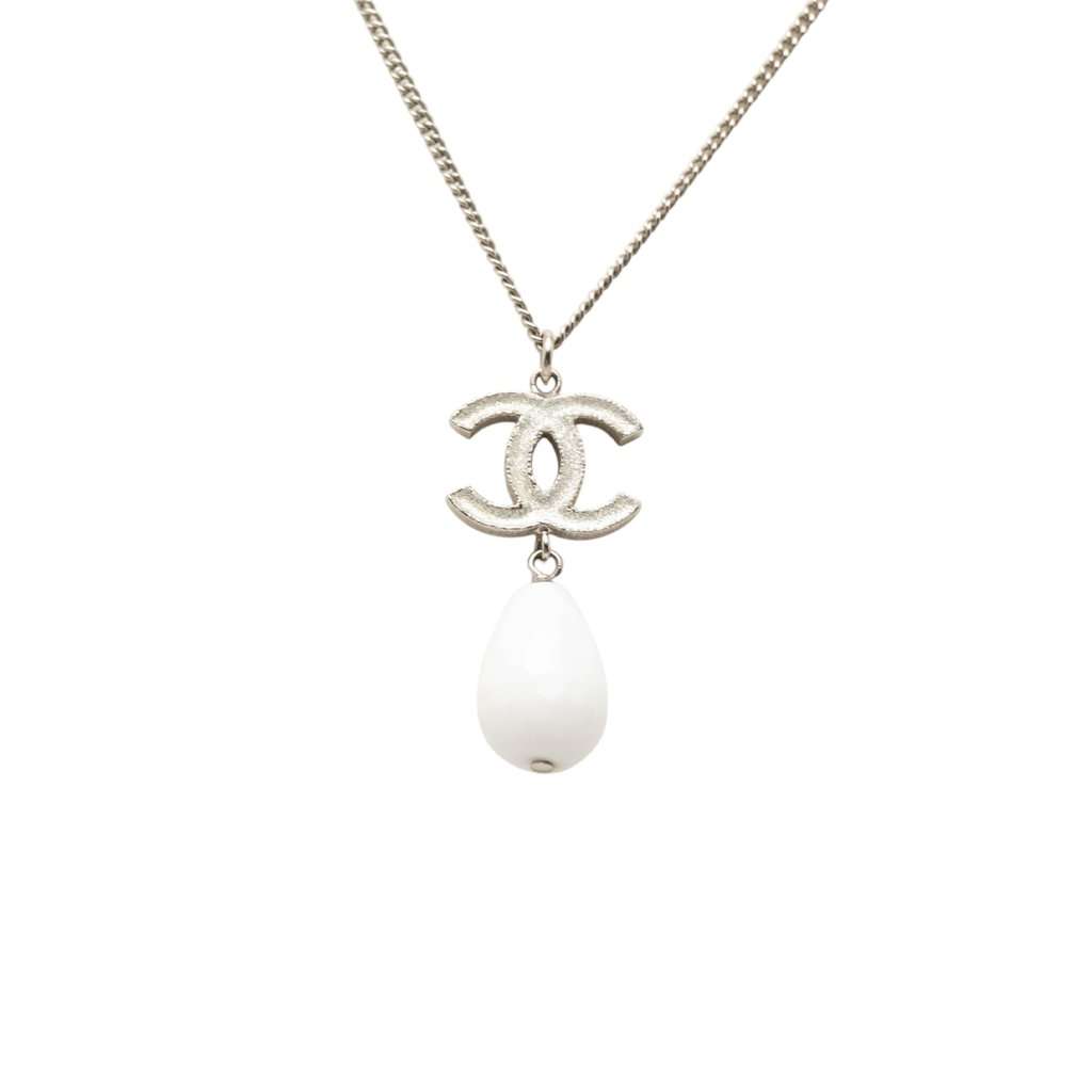 Chanel CC Brass Faux Pearl Pendant Necklace Silver Metal Very good - Back View