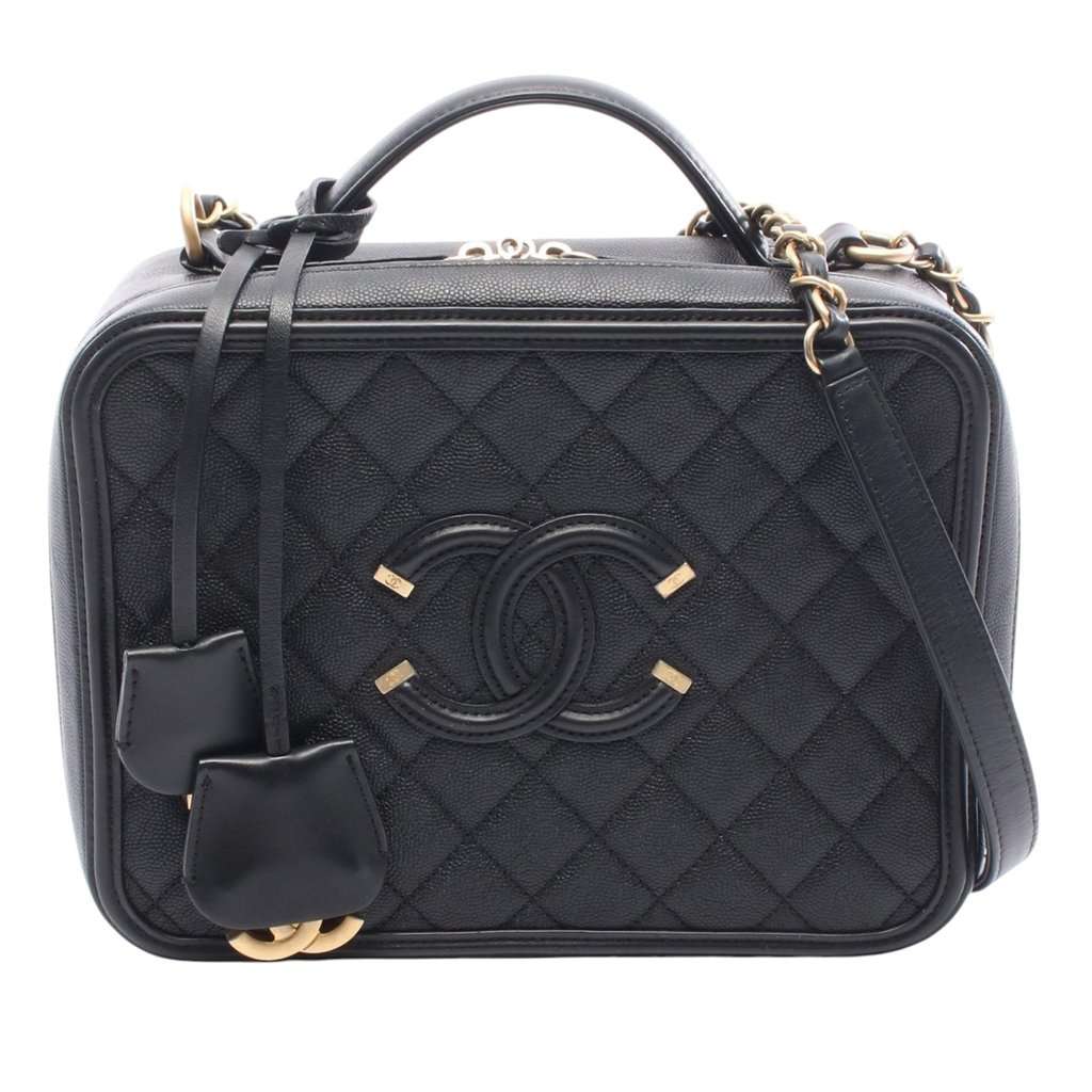 Chanel Large Caviar CC Filigree Vanity Case Black Leather Very good - Front View