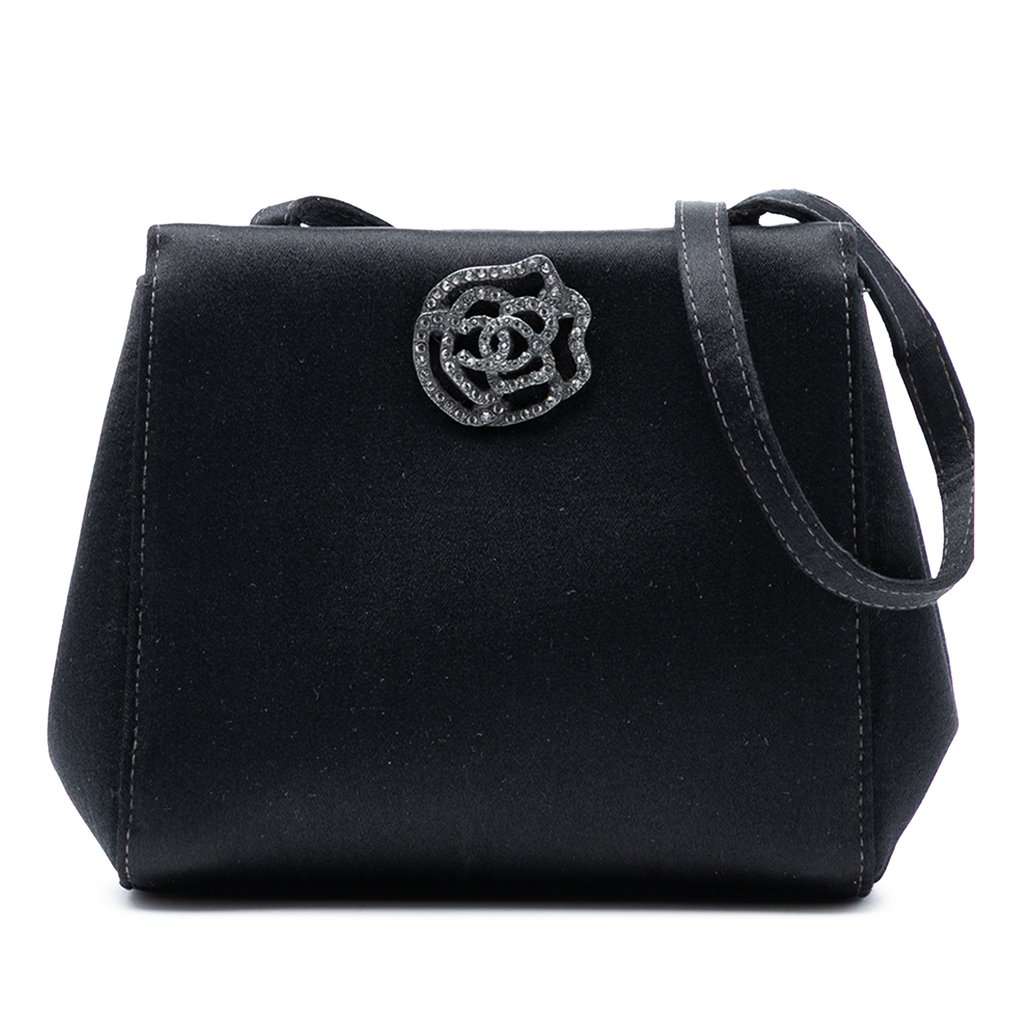 Chanel Satin Camellia Evening Bag Black Very good - Front View