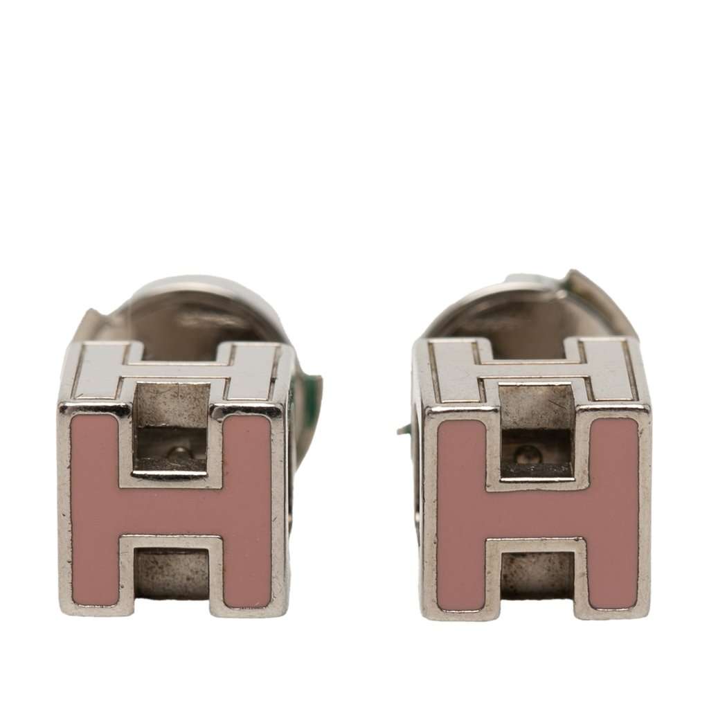 Hermès Palladium Plated Enamel Cage D H Push Back Earrings Pink Metal Very good condition - Front View