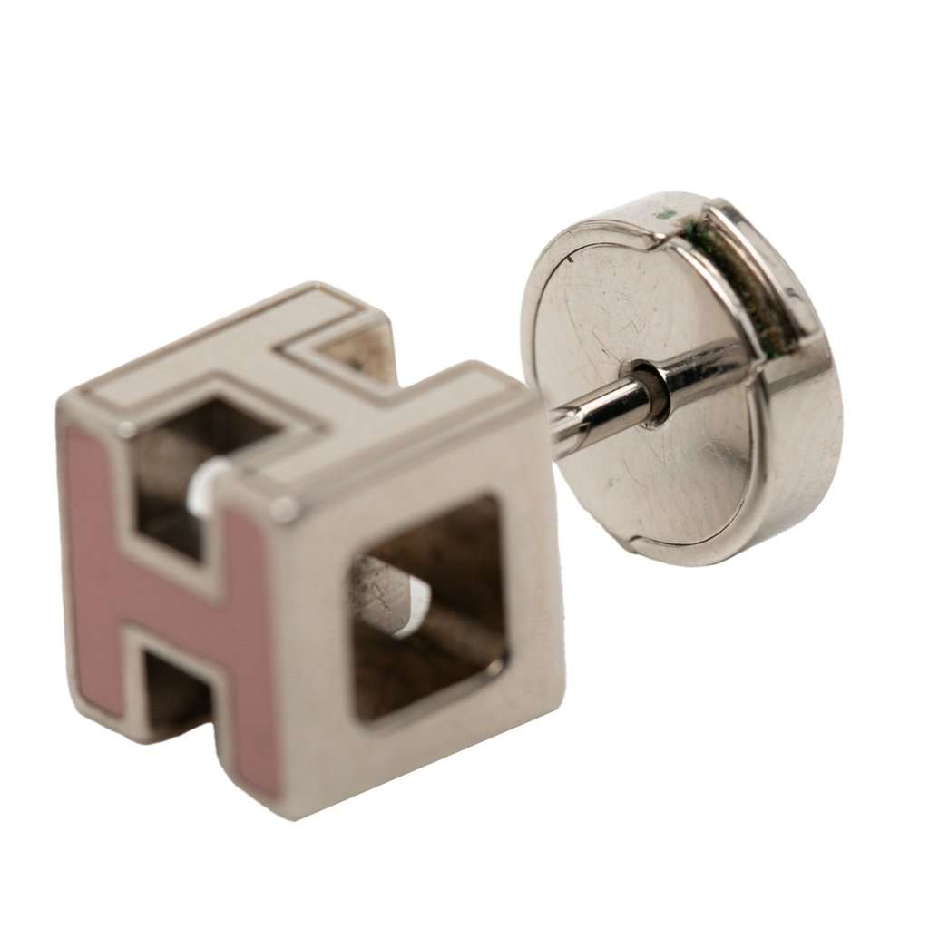 Hermès Palladium Plated Enamel Cage D H Push Back Earrings Pink Metal Very good condition - Inside View