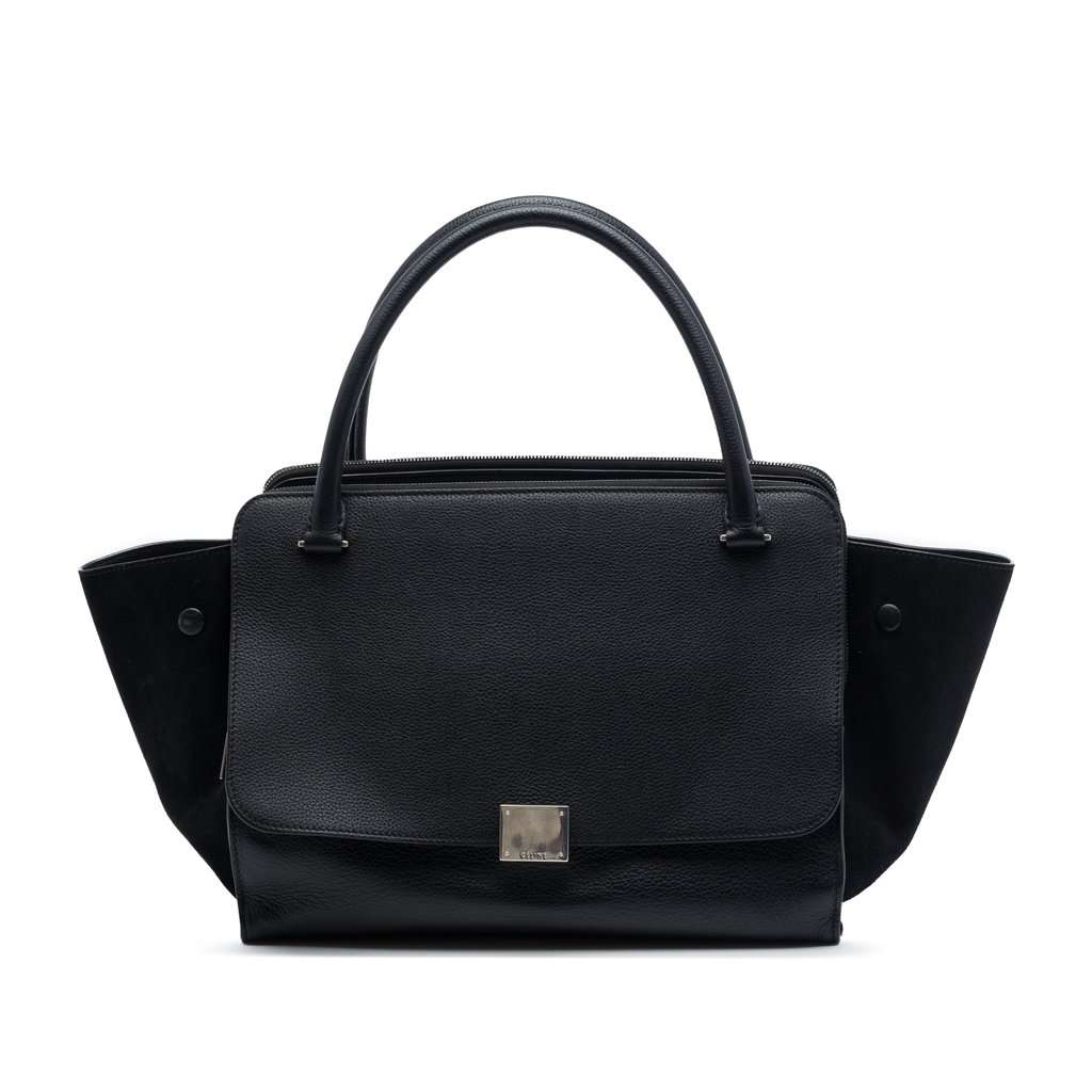 Celine Medium Drummed Calfskin and Suede Trapeze Double Zip Satchel Black Leather Very good condition - Front View