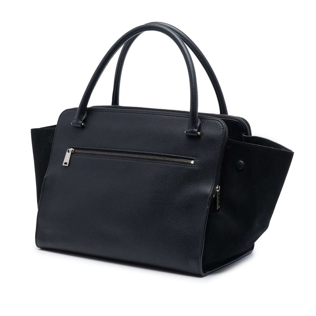 Celine Medium Drummed Calfskin and Suede Trapeze Double Zip Satchel Black Leather Very good condition - Back View
