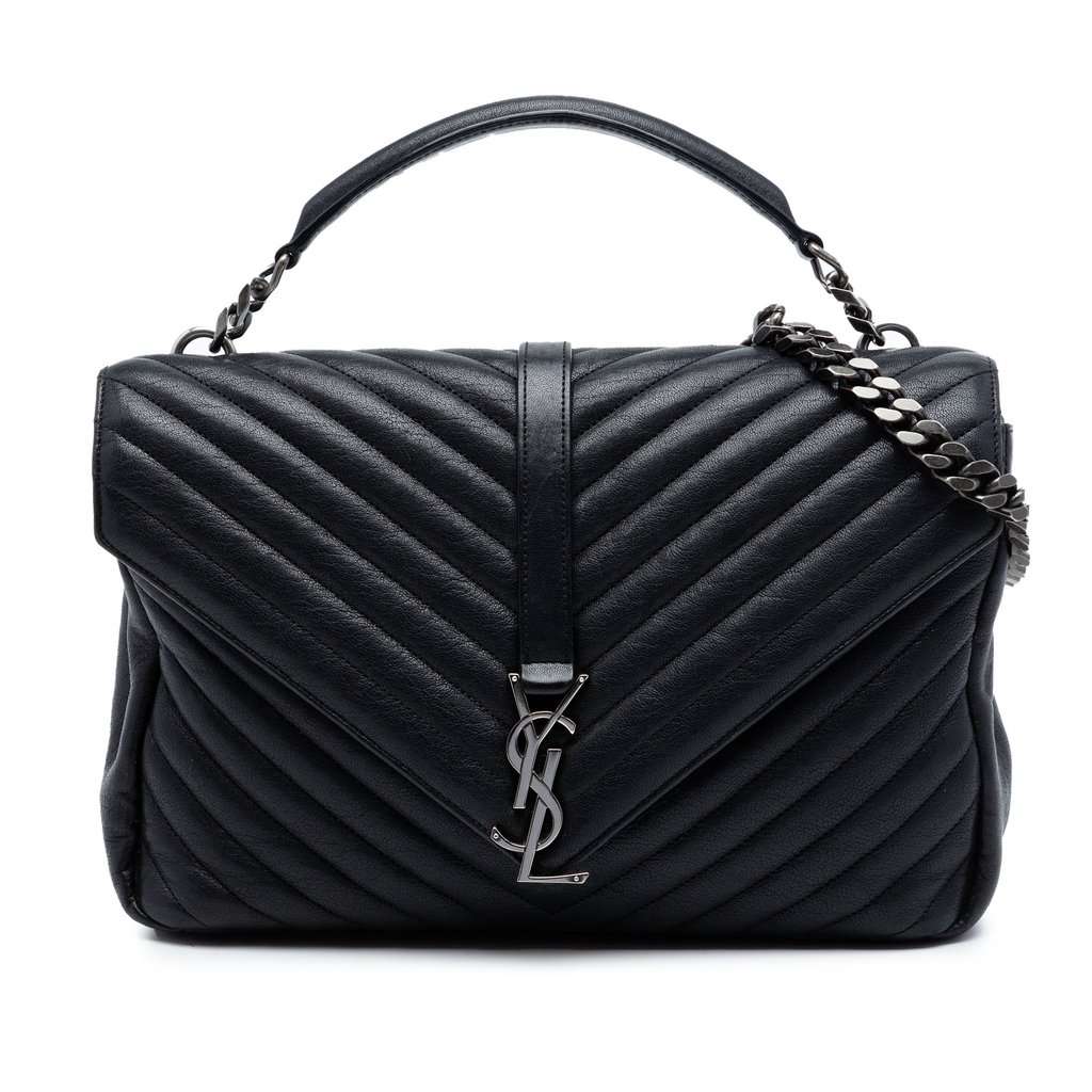 Saint Laurent Large Sheepskin Chevron Monogram Monochrome College Bag Black Leather Very good condition - Front View