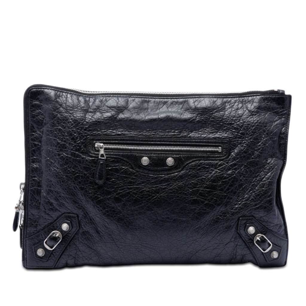 Balenciaga Lambskin Motocross Giant 12 Zip Around Flat Clutch Black Leather Very good - Front View