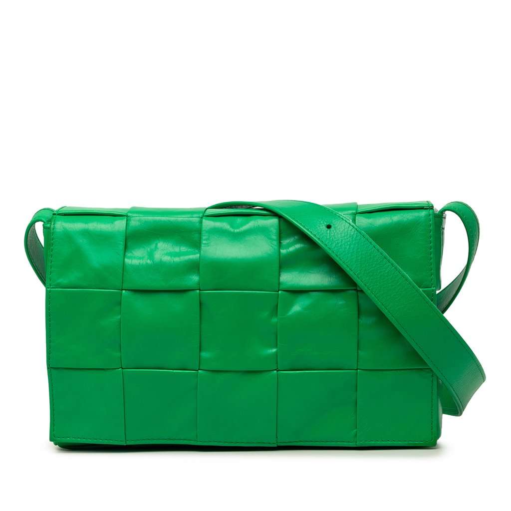 Bottega Veneta Small Paper Calfskin Intrecciato Cassette Crossbody Green Leather Very good - Front View