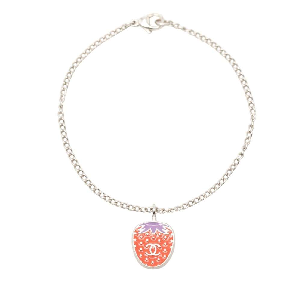 Chanel Brass Plated Resin CC Strawberry Charm Bracelet Silver Metal Very good condition - Front View
