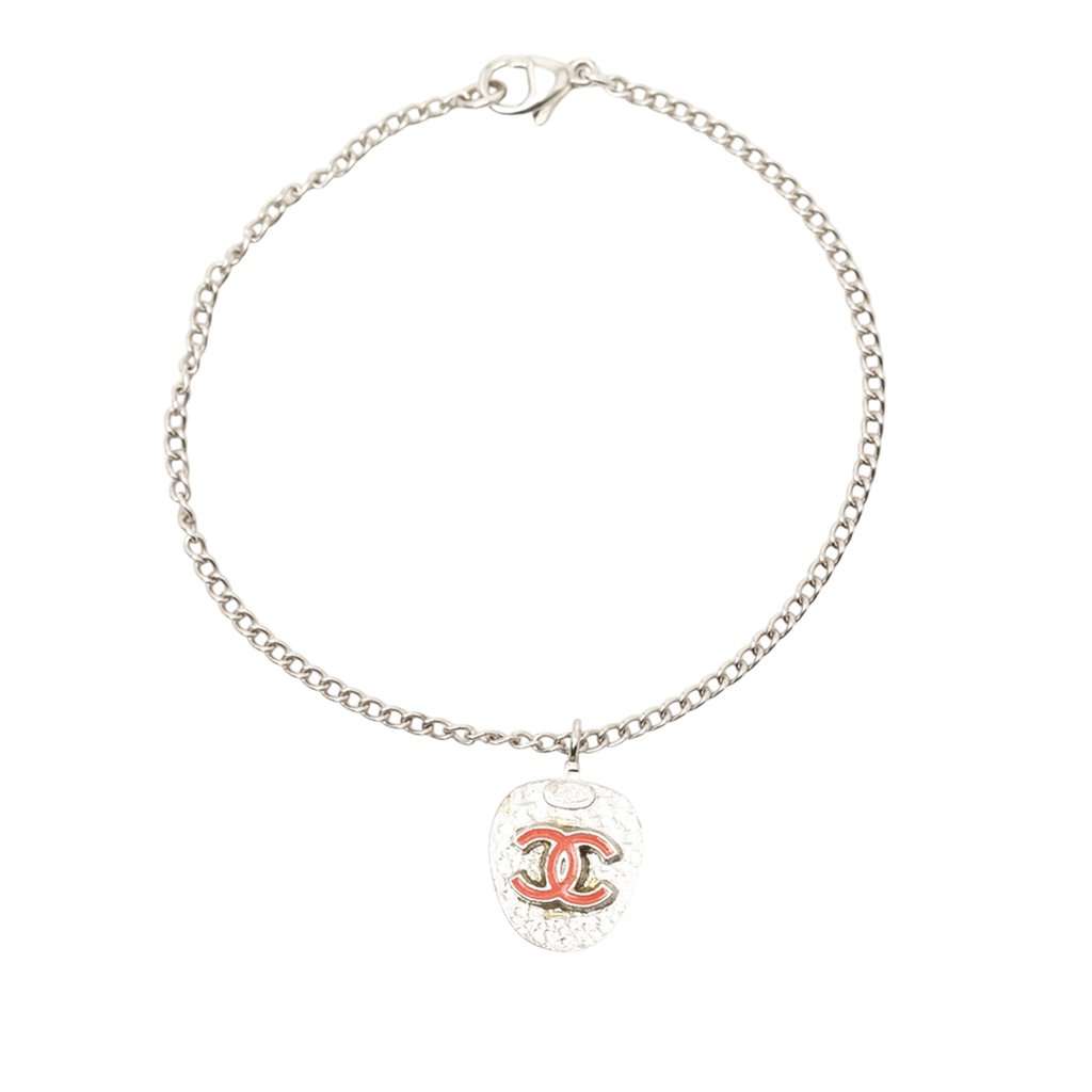 Chanel Brass Plated Resin CC Strawberry Charm Bracelet Silver Metal Very good condition - Back View