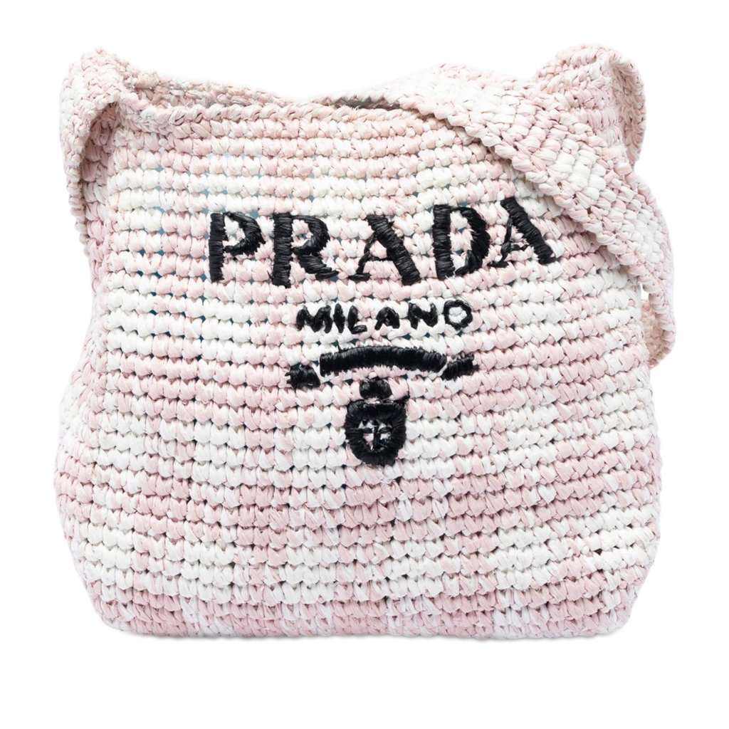 Prada Raffia Effect Crochet Embroidered Logo Crossbody Pink Very good condition - Front View