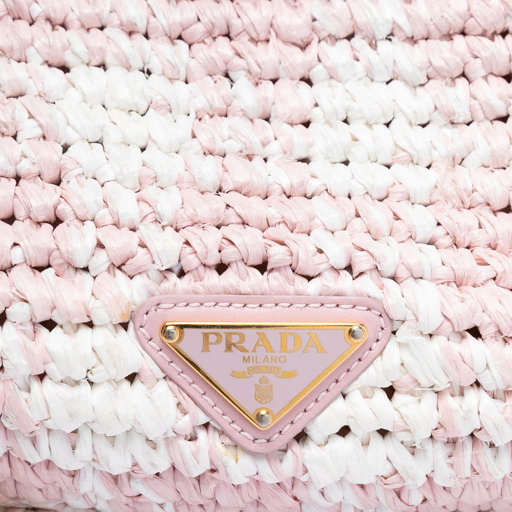 Prada Raffia Effect Crochet Embroidered Logo Crossbody Pink Very good condition - Box View