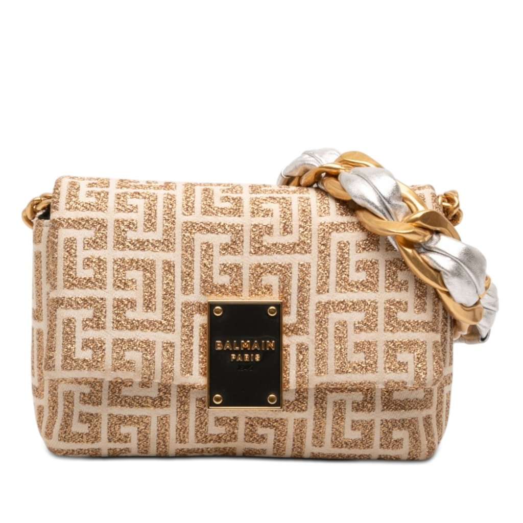Balmain Mini Monogram Jacquard 1945 Crossbody Beige Very good - Front View