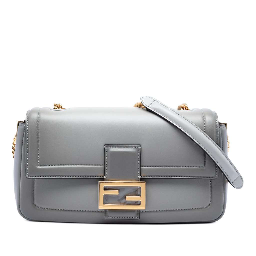 Fendi Leather Baguette Chain Midi Shoulder Bag Grey Leather Very good - Front View