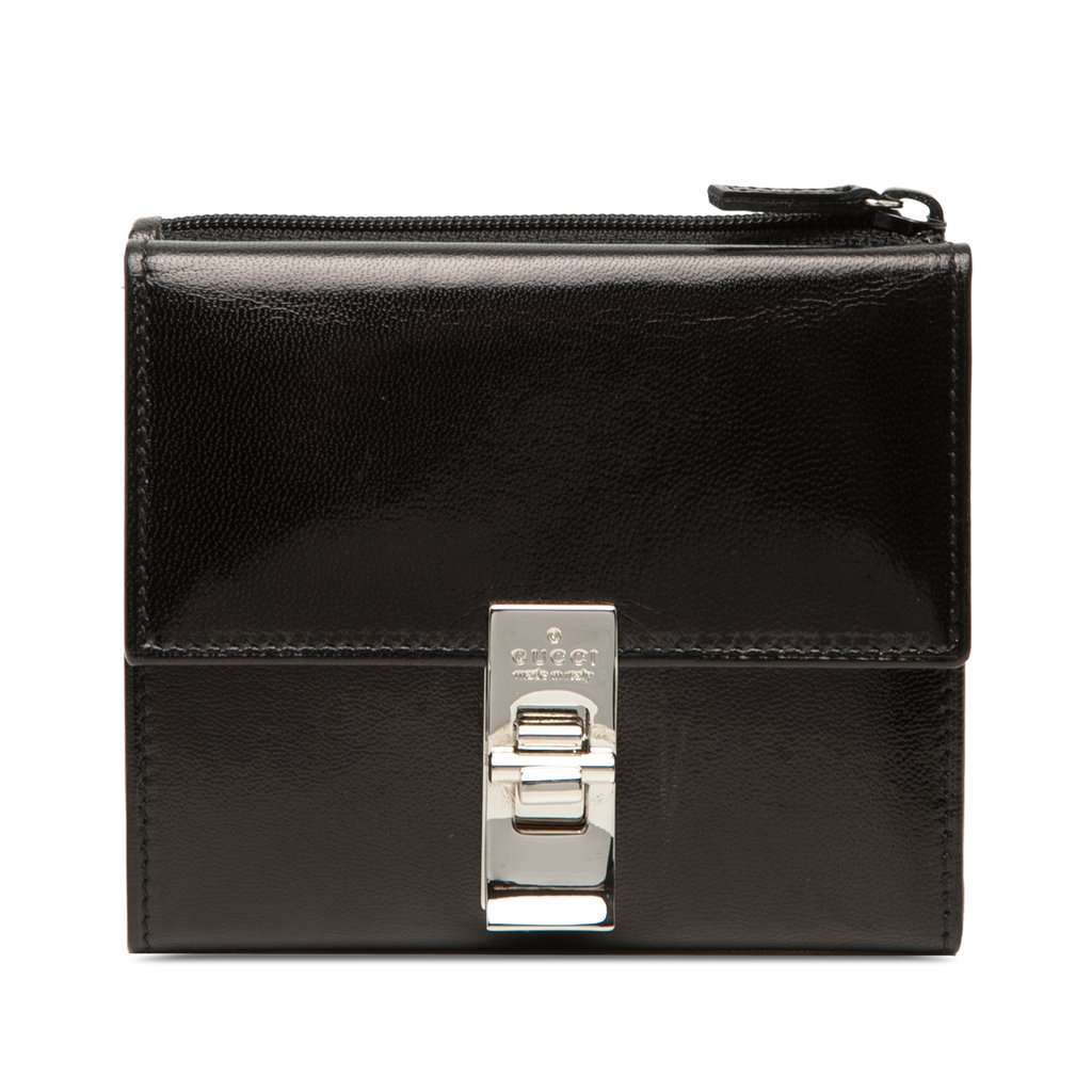 Gucci Calfskin Metal Clasp Bifold Small Wallet Black Leather Very good condition - Front View