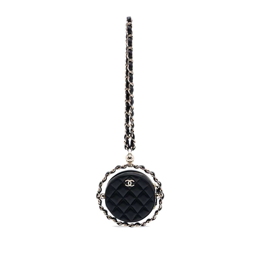 Chanel CC Quilted Lambskin Round Chain Around Clutch With Chain Black Leather Very good condition - Front View