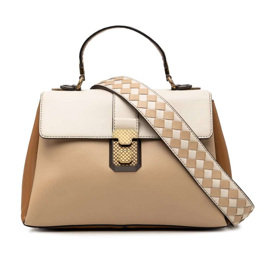 Bottega Veneta Small Tricolor Nappa Piazza Top Handle Satchel Beige Leather Very good condition - Front View