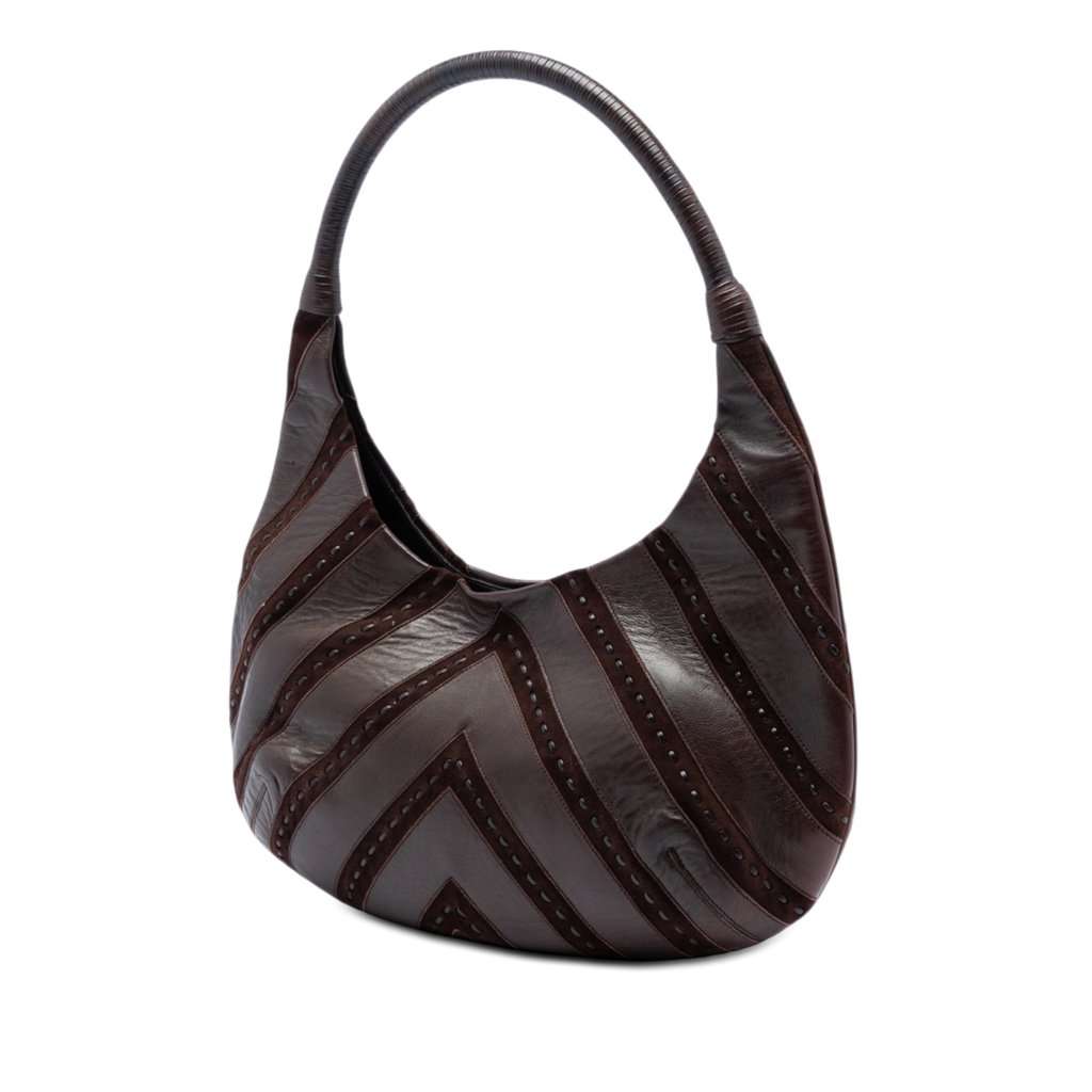 Salvatore Ferragamo Chevron Calfskin and Studded Suede Hobo Brown Leather Very good condition - Back View