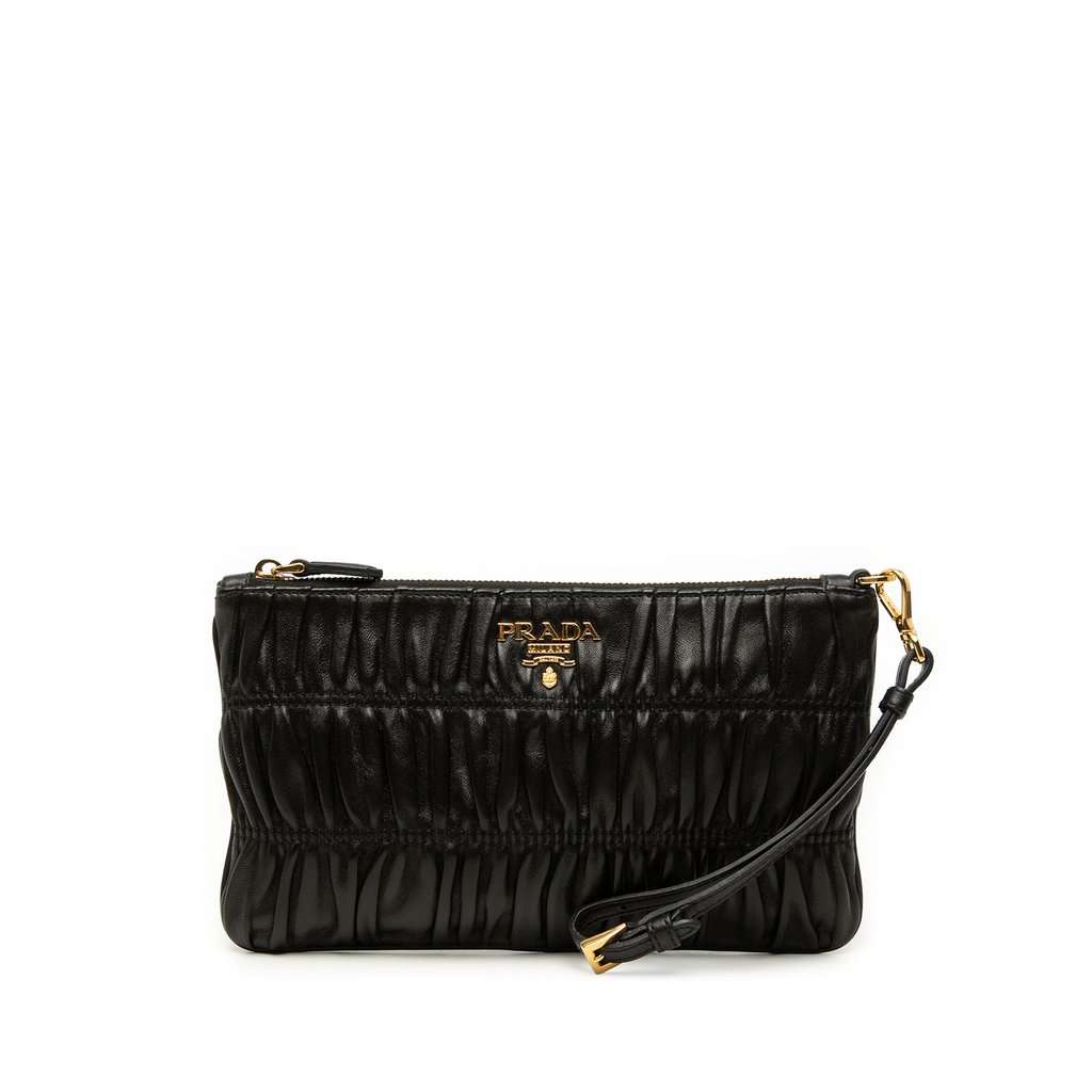Prada Nappa Gaufre Wristlet Clutch Black Leather Very good condition - Front View