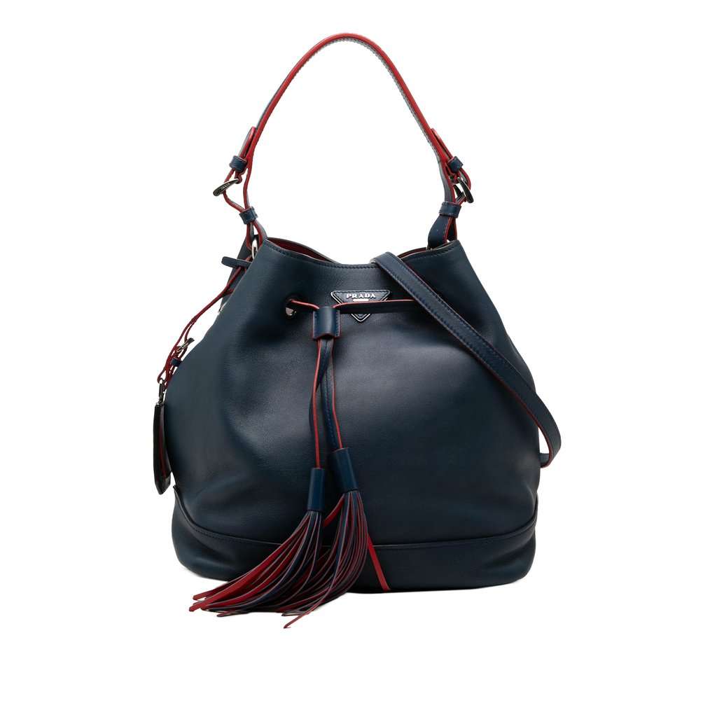 Prada Soft Calf Tassel Convertible Drawstring Bucket Bag Blue Leather Very good condition - Front View