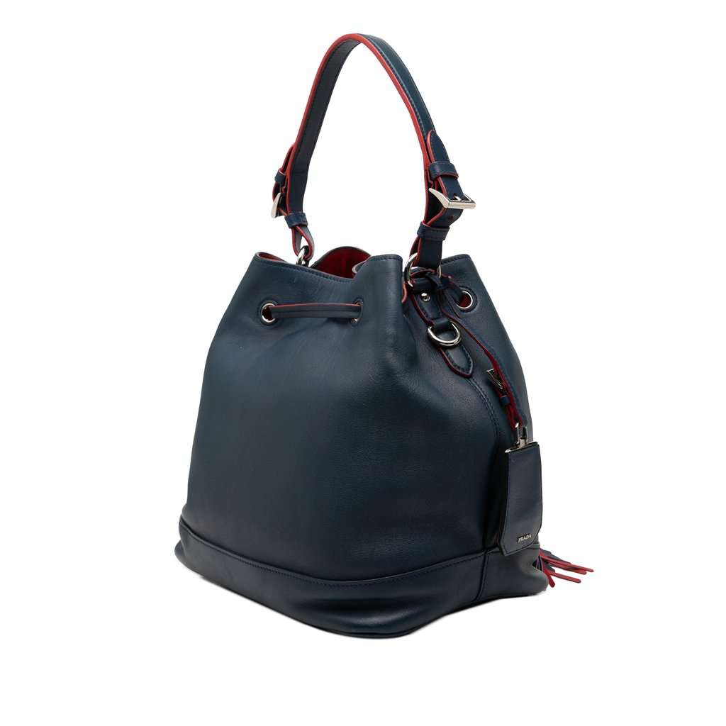 Prada Soft Calf Tassel Convertible Drawstring Bucket Bag Blue Leather Very good condition - Back View