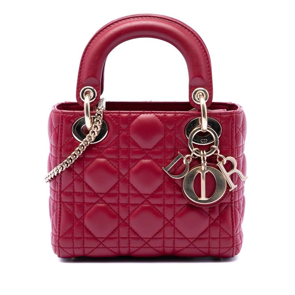 Dior Mini Lambskin Cannage Lady Dior Red Leather Very good condition - Front View