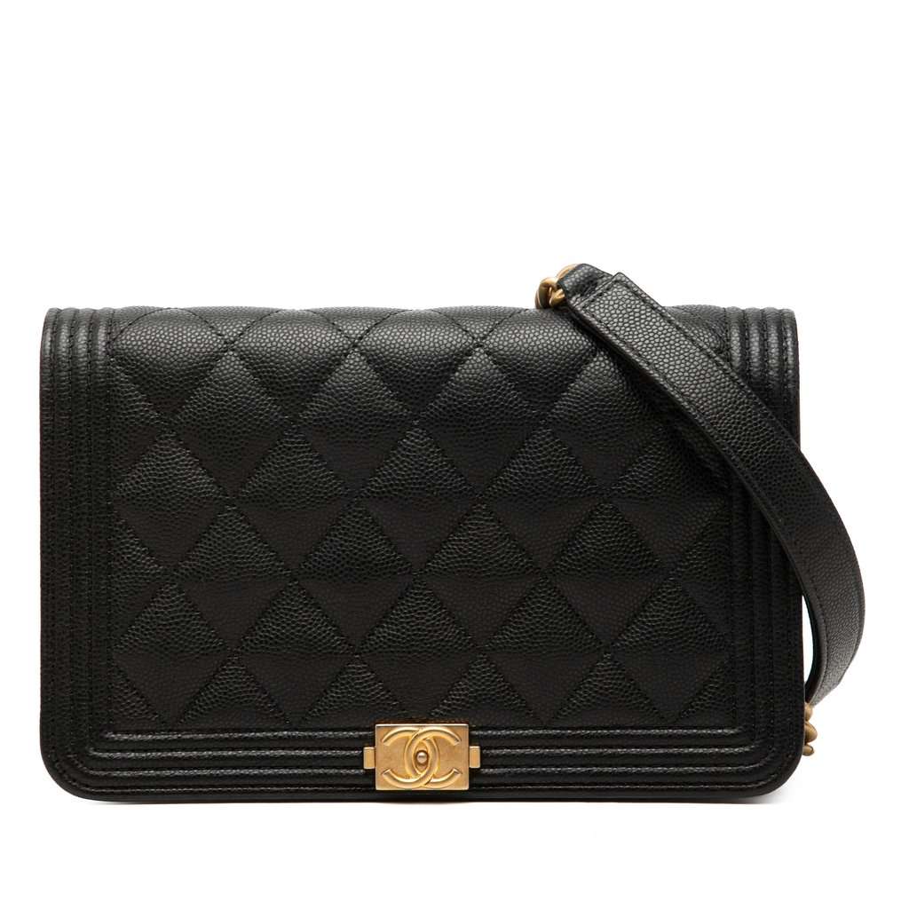 Chanel Quilted Caviar Boy Wallet on Chain Black Leather Very good - Front View